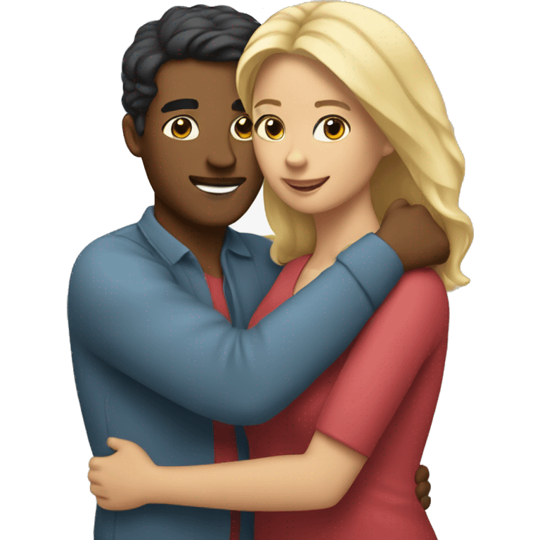 Blond man and hispanic woman hug each other emoji