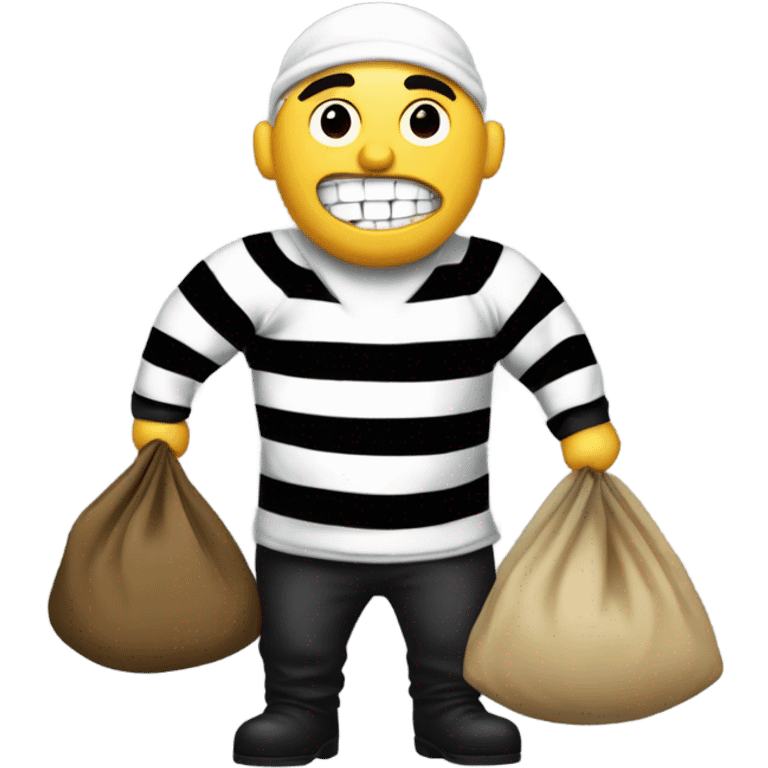 A robber with a black and white shirt with a bag full of money emoji