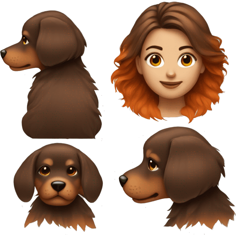 medium hair brunette girl holding dark orange color fur puppy emoji