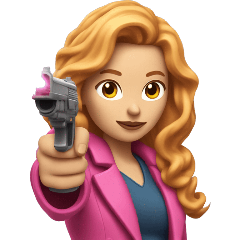 Woman with long reddish blonde hair and fluffy pink coat pointing a laser gun emoji