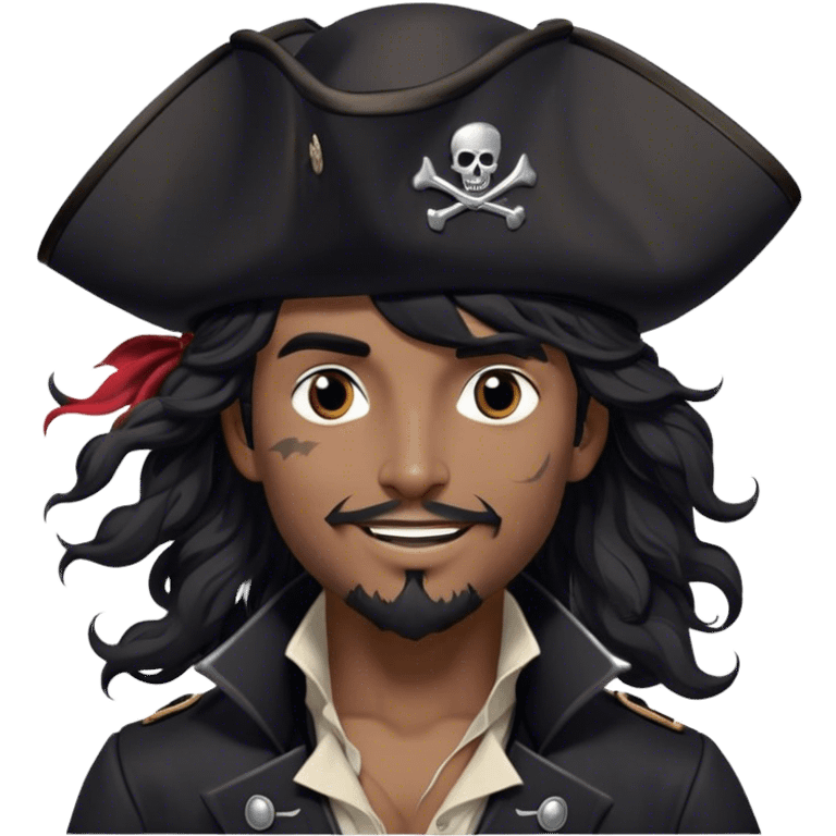 A charismatic pirate with wavy black hair tousled by the breeze. His silver-embroidered tricorn hat casts a shadow. Dark eyes glint with mischief as he looks to the side, a knowing smile on his lips. His black coat, adorned with silver buttons, shifts with the wind emoji