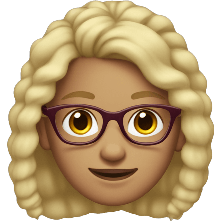 girl with freckles and blonde wavy hair in pony tail, wearing burgundy glasses and a hoodie emoji