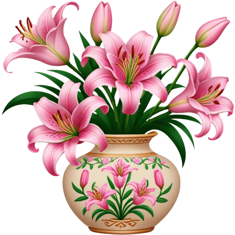 Pink lilies in embroided vase emoji