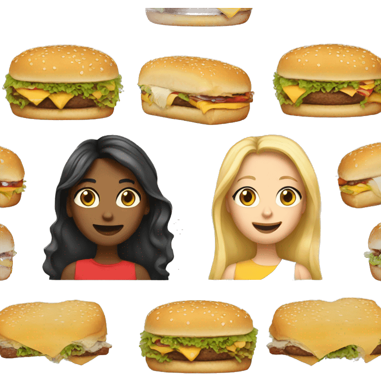 2 girl best friends, one blonde one brunnette, eating cheeseburgers emoji