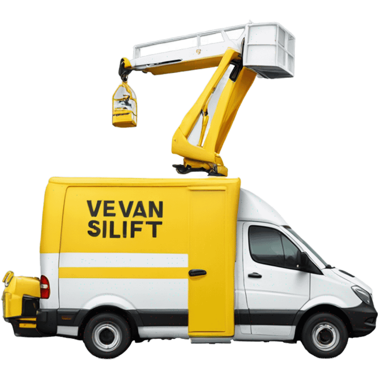 White van displaying the text 'Versalift' on the side. The van has a yellow aerial boom lift on top with a white bucket on the end, sat at the back of the van. emoji