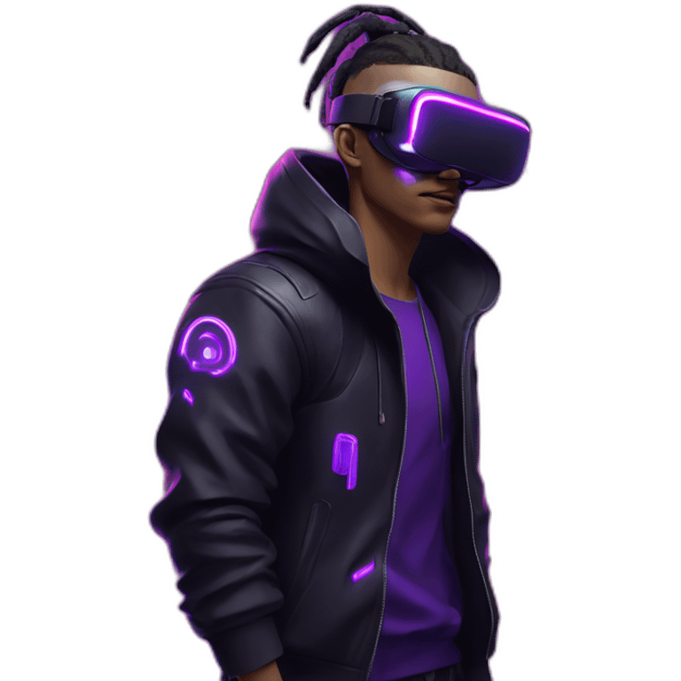 Cyberpunk style. Violet neon. man with white-light skin in the black hoody with violet OMG VR logo on it wearing vr headset oculus quest 2 emoji