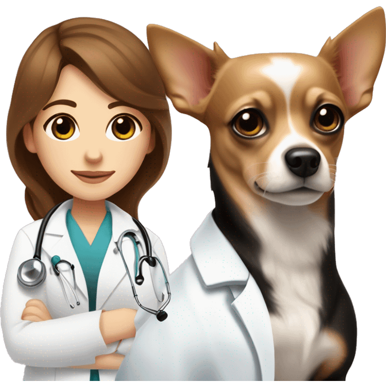 Veterinary doctor white woman with long brown wavy hair and brown eyes, wearing a white coat , a pink stethoscope around neck and standing next to a solid black colored chihuahua dog  emoji