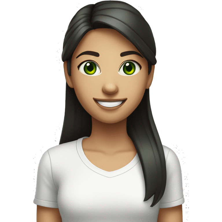 girl with dark straight hair and green eyes smiling in white t shirt  emoji