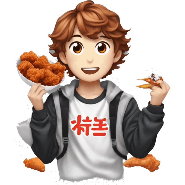 kpop singer (felix of stray kids) who has brunette hair(almost shoulder length) with freckles is eating korean fried chicken (양념치킨)  emoji