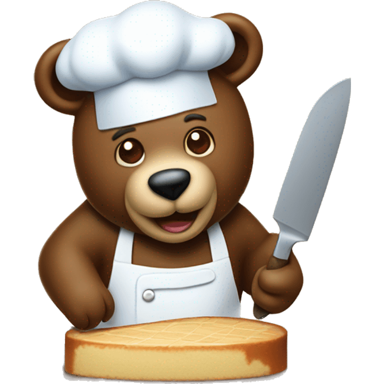 a bear chef slicing a cake on a cutting board  emoji