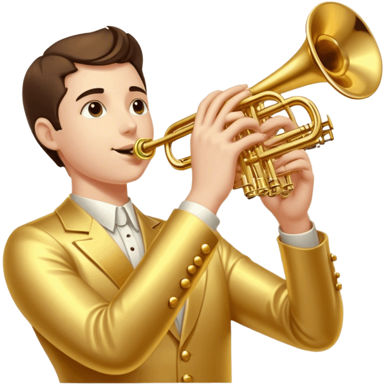 Cinematic Realistic Trumpet, polished brass with warm golden reflections, intricate valve details subtly highlighted, soft hands pressing the keys, glowing with bold and triumphant musical energy. emoji