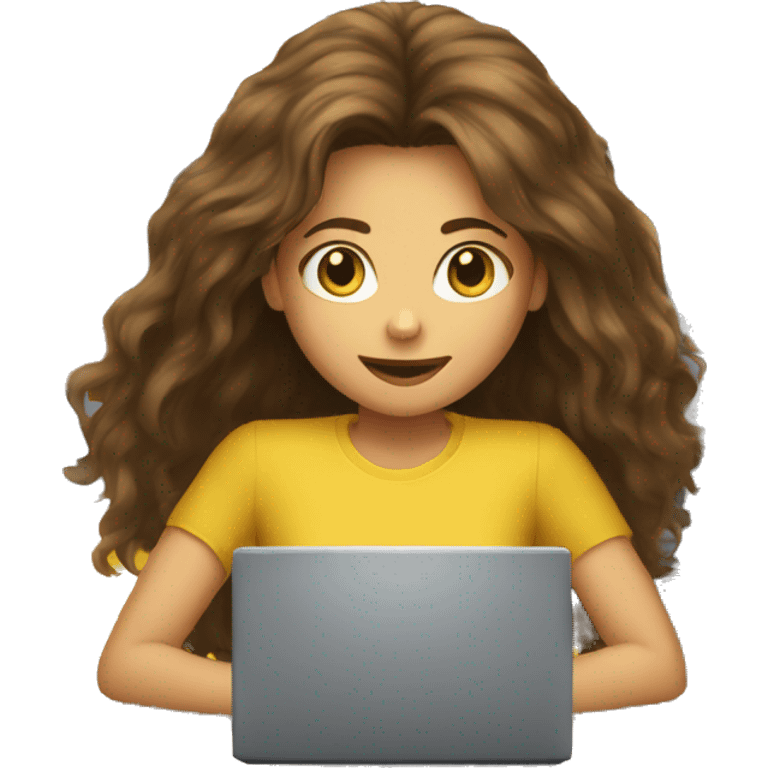 Girl with brown hairy and Yellow shirt behind computer emoji