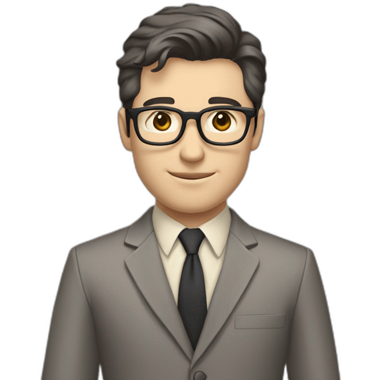 Full height Pale skinned Fit Man With dark brown hair in classic gray suit, beige office shirt, dark gray tie, and vintage glasses. His right hand is directed up emoji