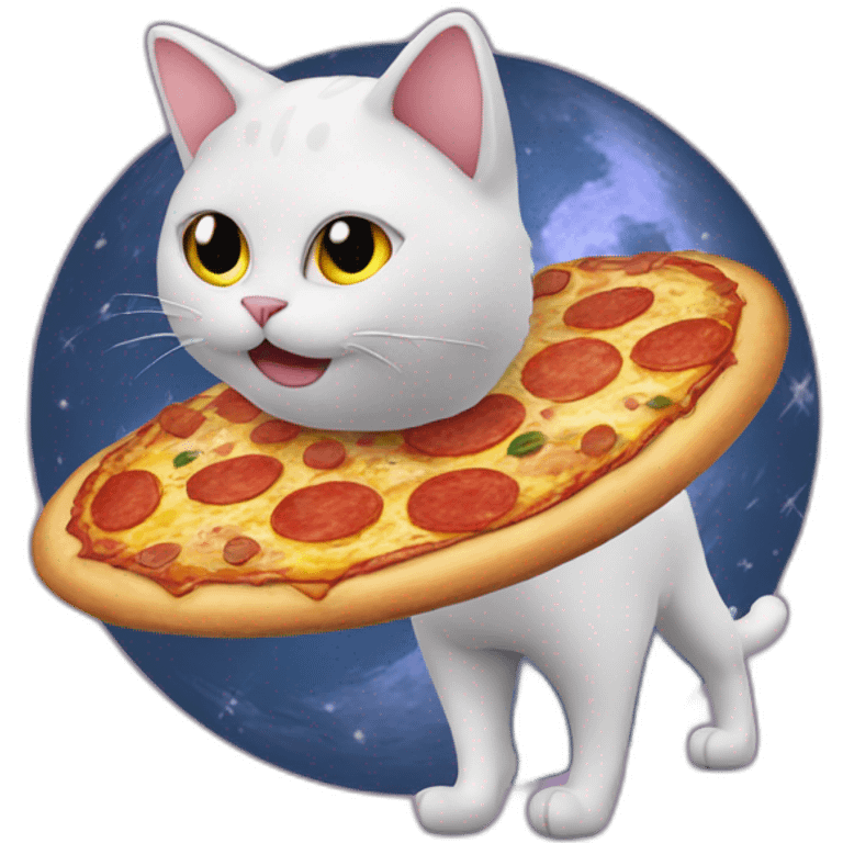 cat walking on moon with boots made of pizza emoji