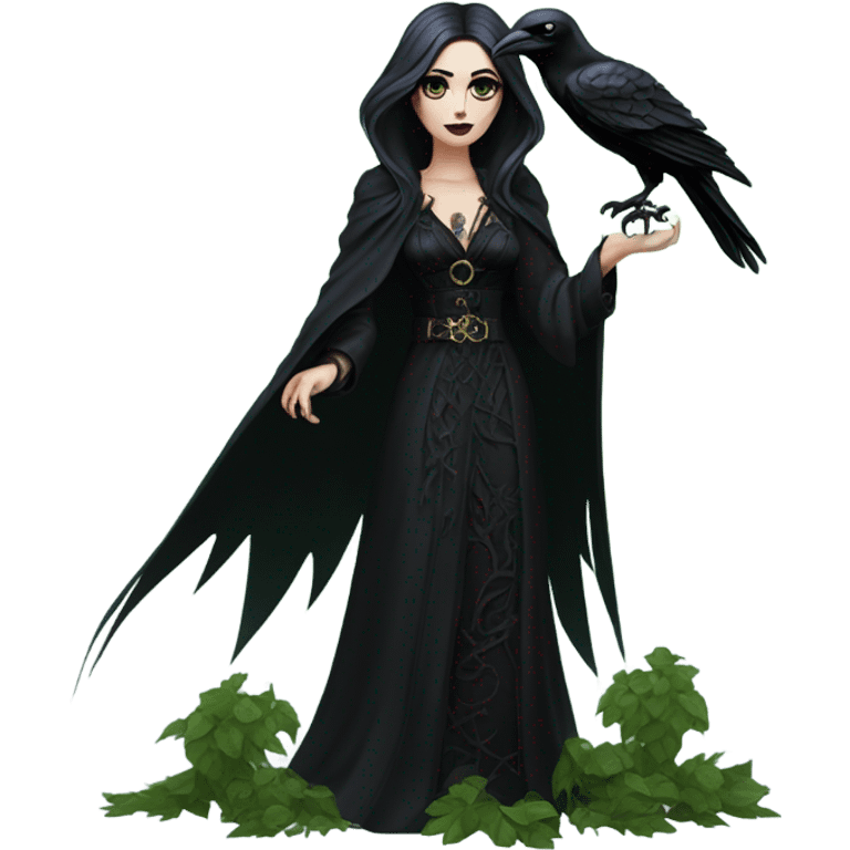 the morrigan goth woman version vines style furr robe stylish boots, perfect eyes, raven on hand, green vines decor on ground emoji