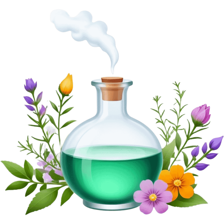 Perfume making icon, delicate glass bottle being filled with colorful essential oils from droppers, swirling mist rising from the bottle, flowers and herbs nearby, minimalistic style, clean lines, transparent background. emoji