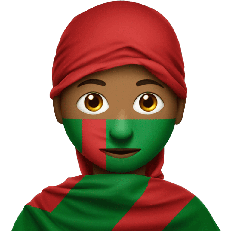 Bangladesh flag behind, a 20 year young boy in front , red cloth covering his face emoji