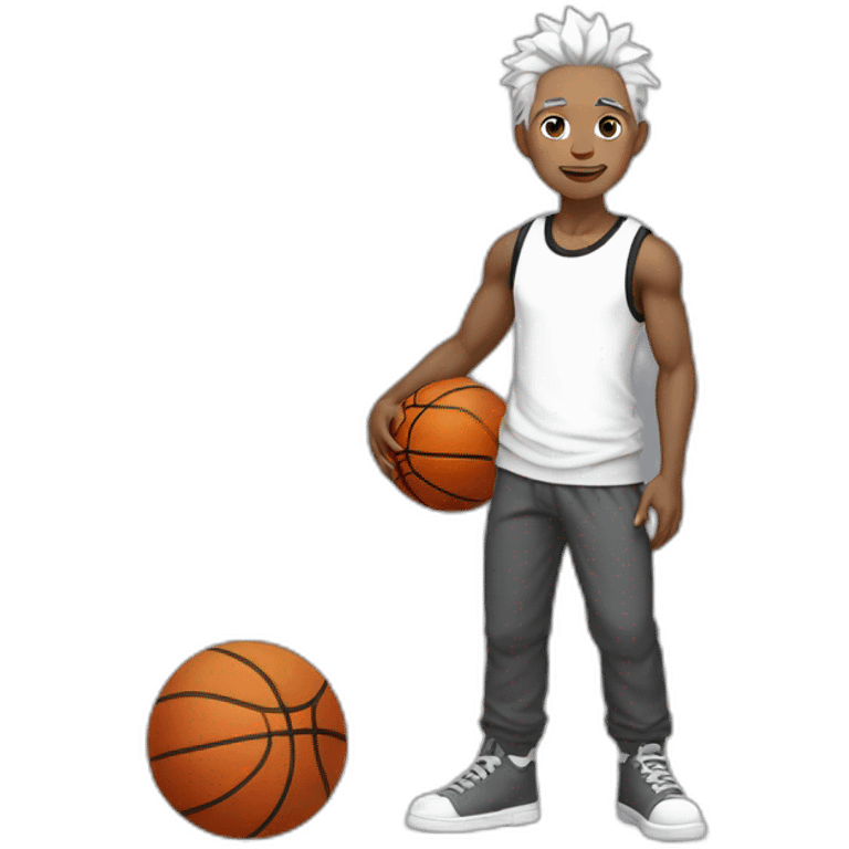 Chinese idol wearing white overalls and gray pants and black T-shirt with white hair holding a basketball in his right hand emoji