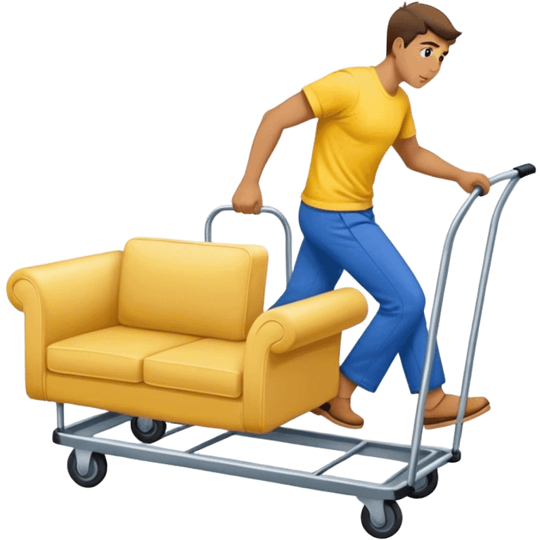 man in blue pants and yellow t-shirt, moving a sofa on trolly emoji