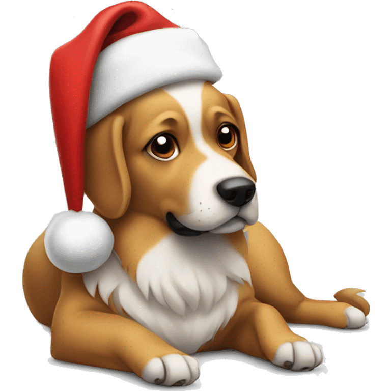 a dog wearing a santa hat laying on a floor  emoji