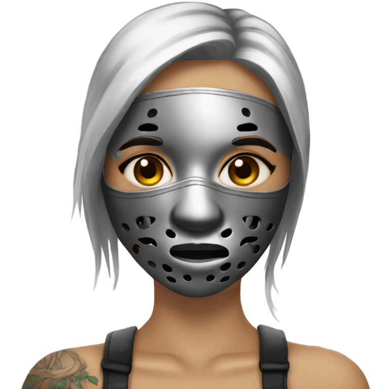 mysterious girl with tattoo wearing a metal face mask emoji