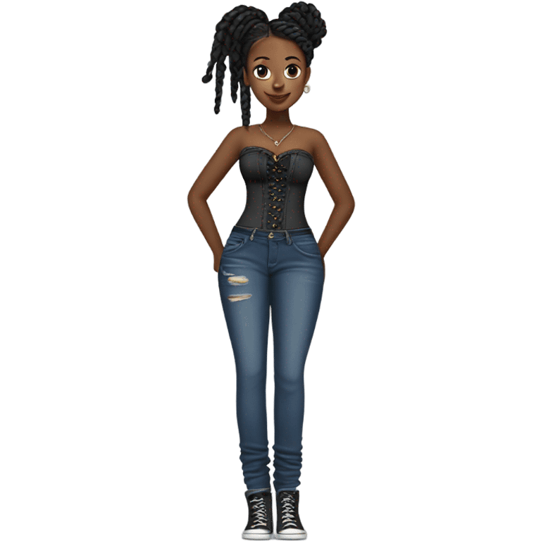 Black girl with braids posing full body jeans corset top emoji