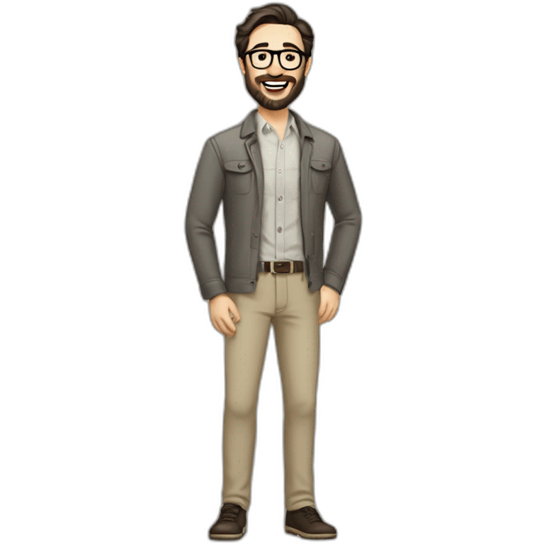 Joyful Full height Pale skinned Fit Man With dark brown hair in gray jacket, beige office shirt, Brown pants and vintage glasses. His thrumbs up. Beard. Black hair emoji