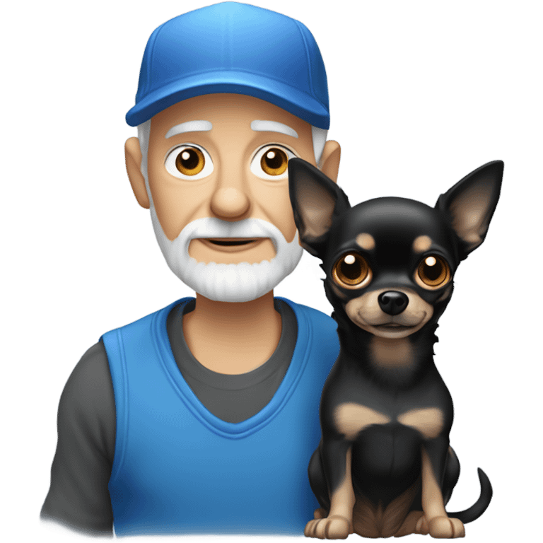 Old man with blue eyes and gray goatee in ball cap holding black long haired chihuahua  emoji