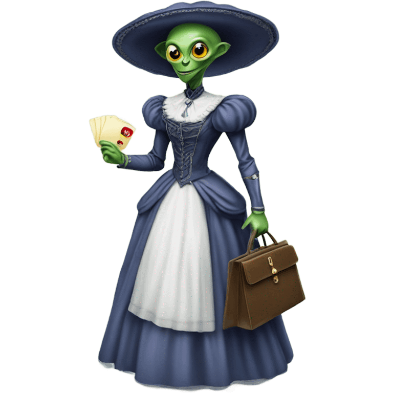 alien galora in Victorian dress elegant, full body, holding big credit card emoji