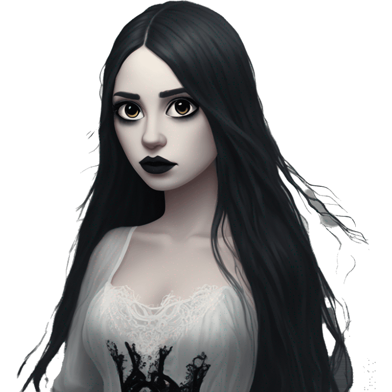 Dramatic girl  goth white pale with dark lighting  with black hair  in river with very very long lace dress  black long hair flying in the wind sad face  white eyes emoji