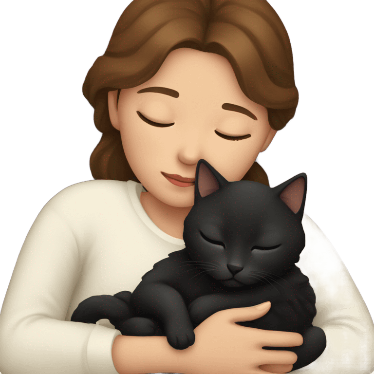 Girl with brown hair sleeping with her black kitty emoji