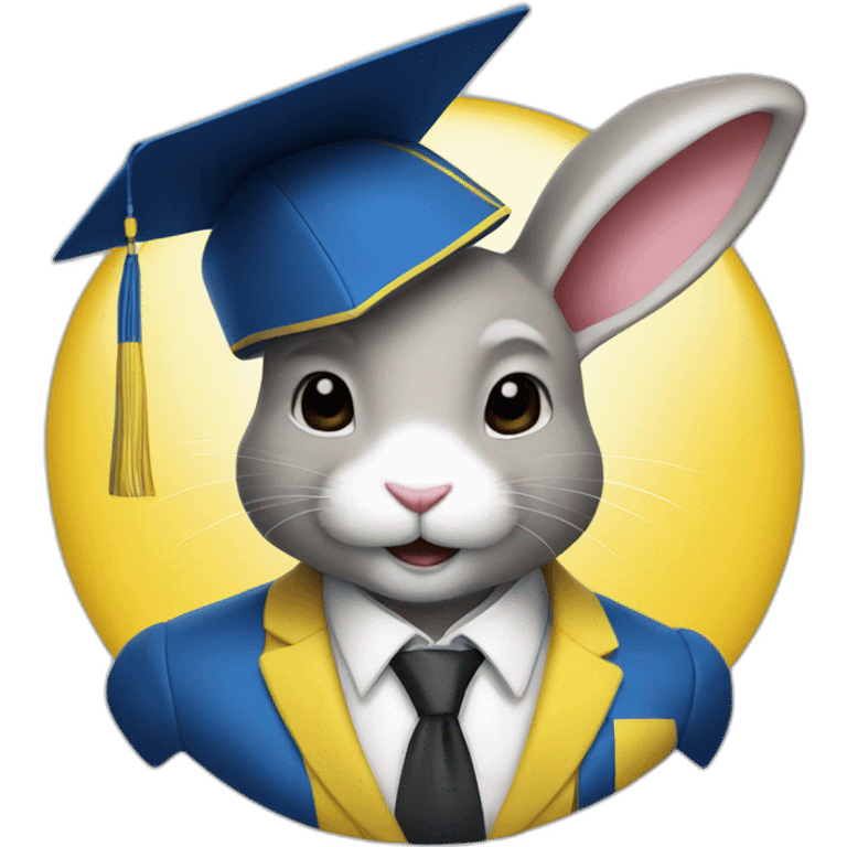 A rabbit student in a suit in the color of the Ukrainian flag in a square academic cap emoji