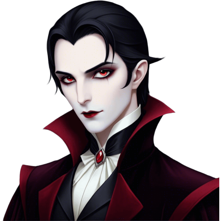 Cinematic Noble Vampire Portrait Emoji, Elegant and commanding, with a refined, pale visage framed by dark, velvet accents and a hint of crimson, exuding timeless seduction and dangerous allure, simplified yet exquisitely detailed, glowing with a soft nocturnal radiance and a subtle, mysterious outline that captures the regal spirit of an immortal lord of the night! emoji