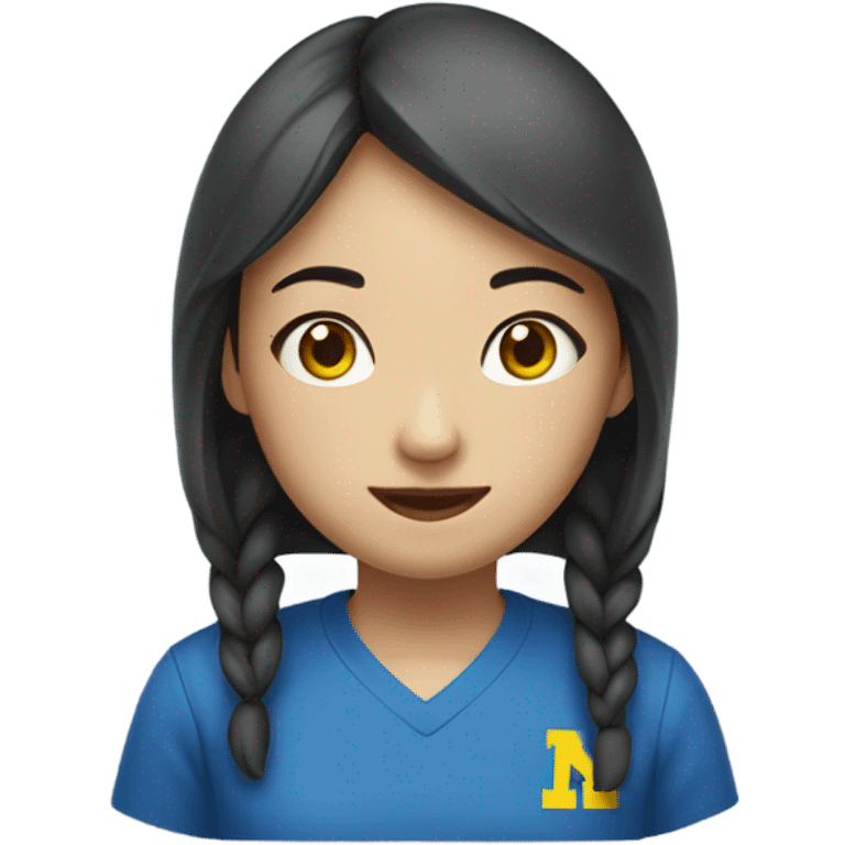 Chinese girl with mid part wearing a blue shirt that says “Michigan Crew” emoji