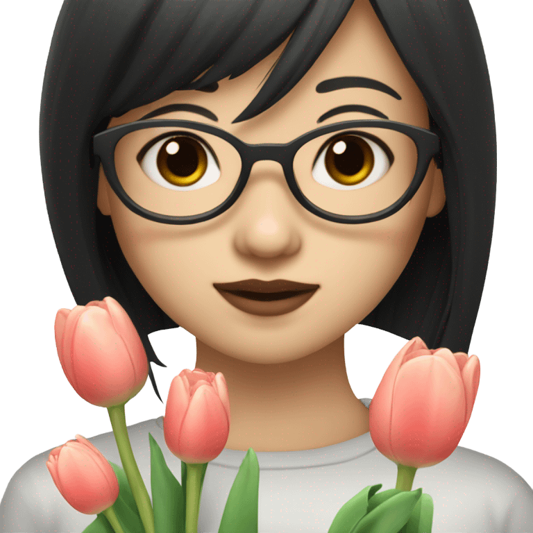 asian pale skin girl with long black shaking hair and bangs and glasses holding tulips emoji