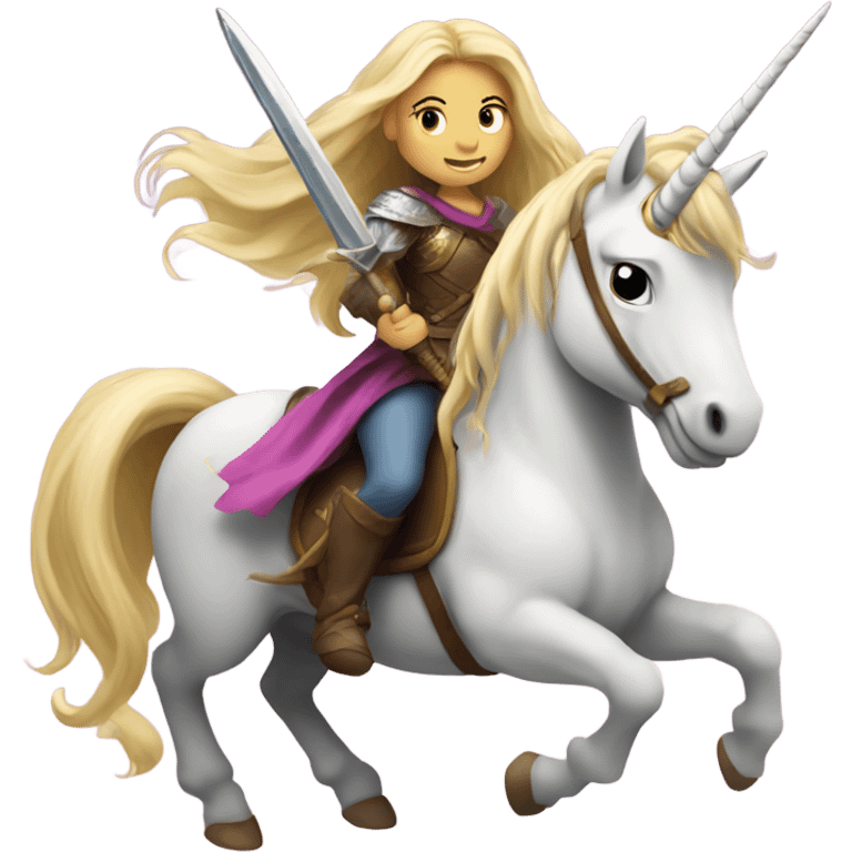 Blonde girl with long hair riding a unicorn and holding a sword  emoji