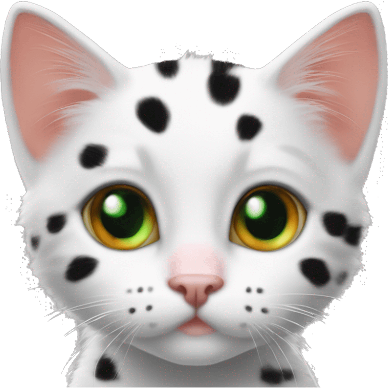 One Black White orange kitten with orange and black spots  Green eyes, pink nose  Black spot on left eye  Orange spot on right eye  On all four paws emoji