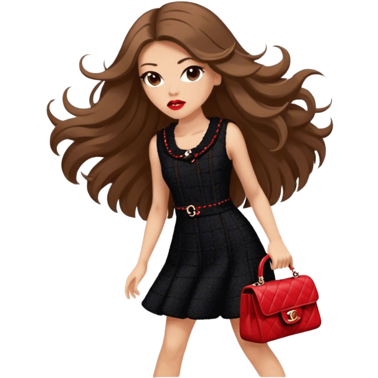 White girl with brown long hair dressed up in black chanel tweed dress with a red chanel bag and red lipstick. Close up shot with wind blowing her hair looking fancy emoji