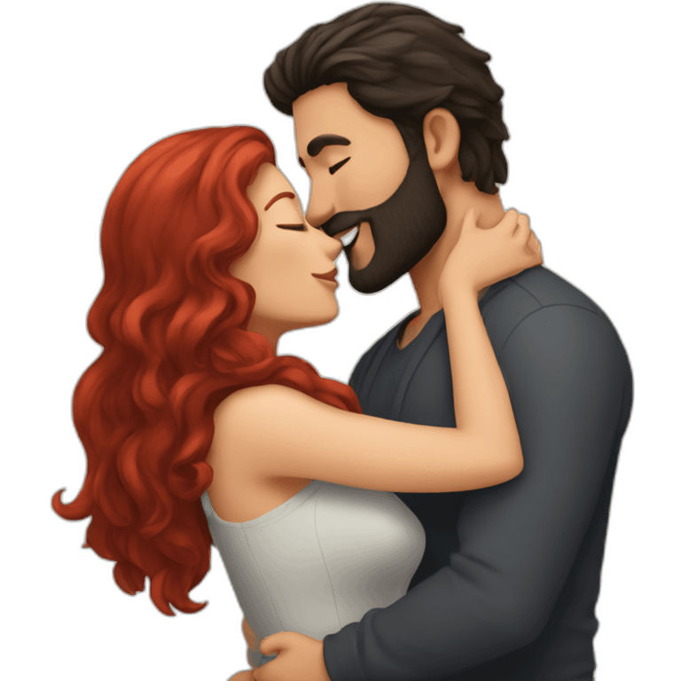 a bearded man with dark hair kissing a woman with long red hair emoji