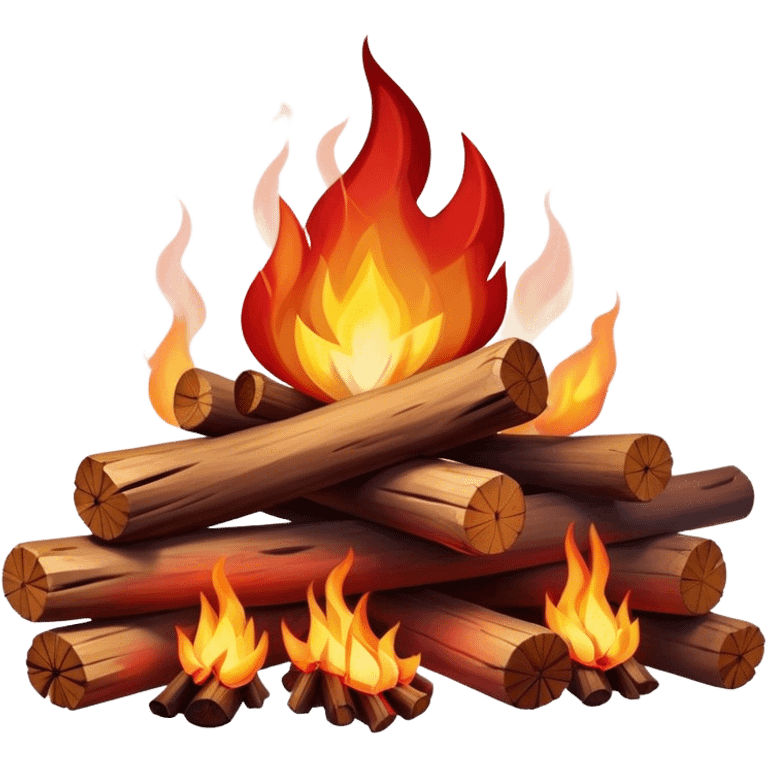 Cinematic Realistic Campfire, a roaring flame crackling atop carefully arranged logs, embers glowing deep red, golden light casting soft flickering shadows, gentle smoke drifting upwards, glowing with warmth and coziness. emoji