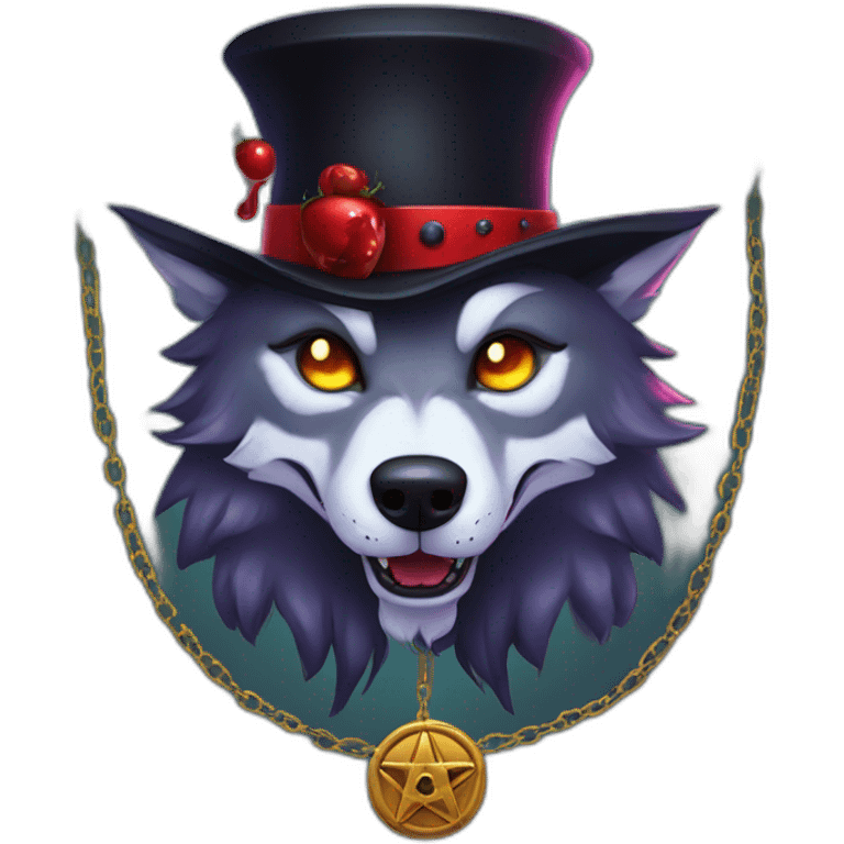 demonic wolf with pentagram top hat and a demonic chain and a mysterious night emoji