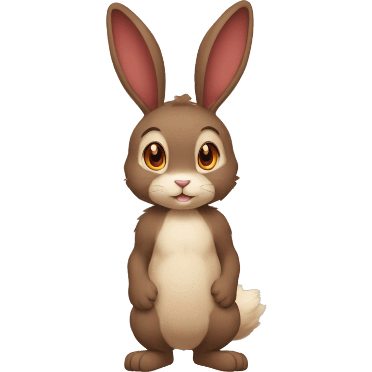 Anthro, Fur-Sona, Dark-Brown, Normal-type-Ground-type Tan-Rabbit-Fakémon with Dark-Red eyes, beige ears, beige belly, beige paws, beige feet, beige freckles, full body emoji