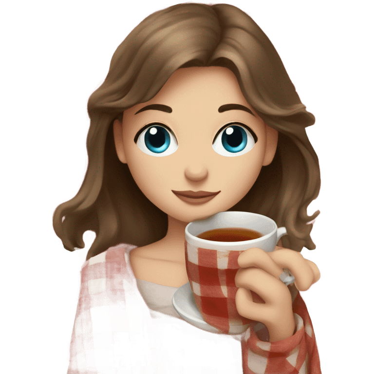 Girl with brown hair and blue eyes sipping on a tea wrapped in a plaid blanket  emoji