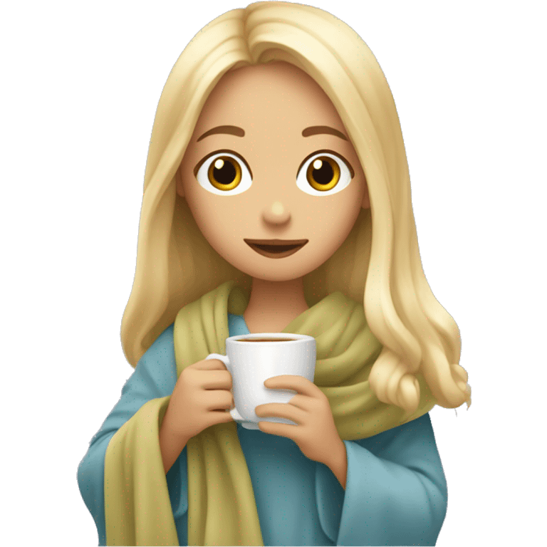 young girl with long blond hair sits drinking tea wrapped in a blanket emoji