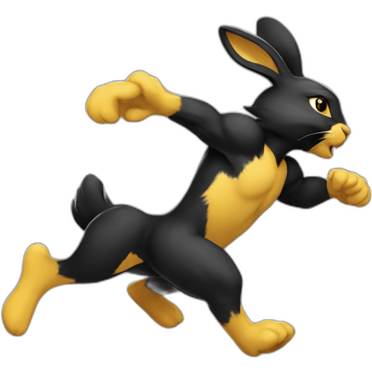 fierce looking black and yellow colored bunny running to the right emoji