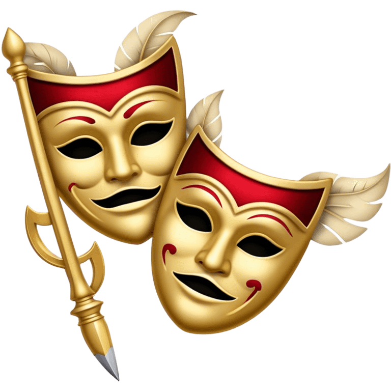 Create a bold and dramatic emoji representing the art of playwriting. The design should feature an open script or a theater playbook, with stylized text lines or dramatic dialogue inside. Include elements like a theatrical comedy and tragedy masks, a stage spotlight, or a writting quill to symbolize creativity and performance. Use deep, contrasting colors like red, black, and gold to evoke the intensity and passion of drama. The overall design should feel dramatic, inspiring, and artistic. Make the background transparent. emoji