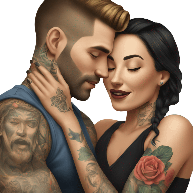 Hyper Realistic beautiful woman touching the cheek of a very handsome tattooed man emoji