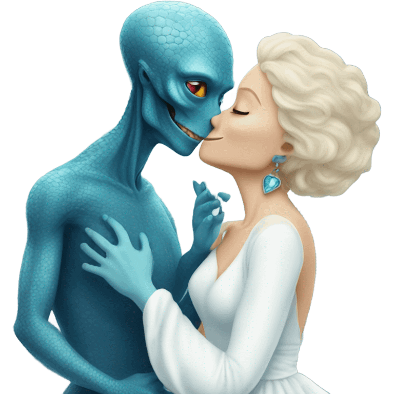 White man in blue dress hugs and kissing Alien reptilian woman in white dress  emoji