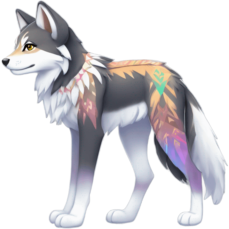 Fionbri-Falvie-sparkle-greywolf-sona with shiny colorful tribal markings full body emoji