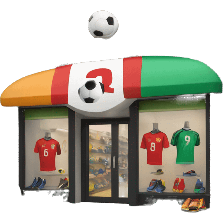 “Soccer store exterior with bold signage, large windows showcasing football gear, jerseys, and accessories, and a dynamic, athletic design reflecting the energy of the sport.” emoji